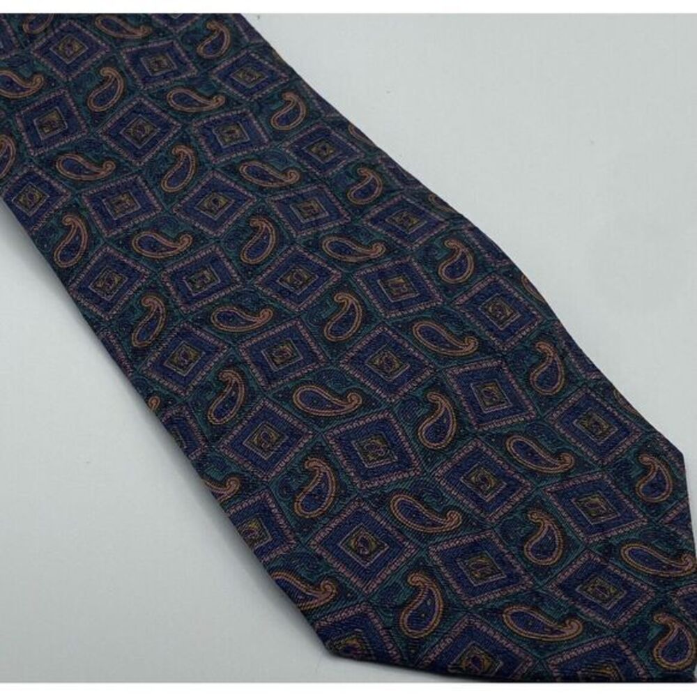Austin Reed England‎ Tie Dk Blue Green Paisley